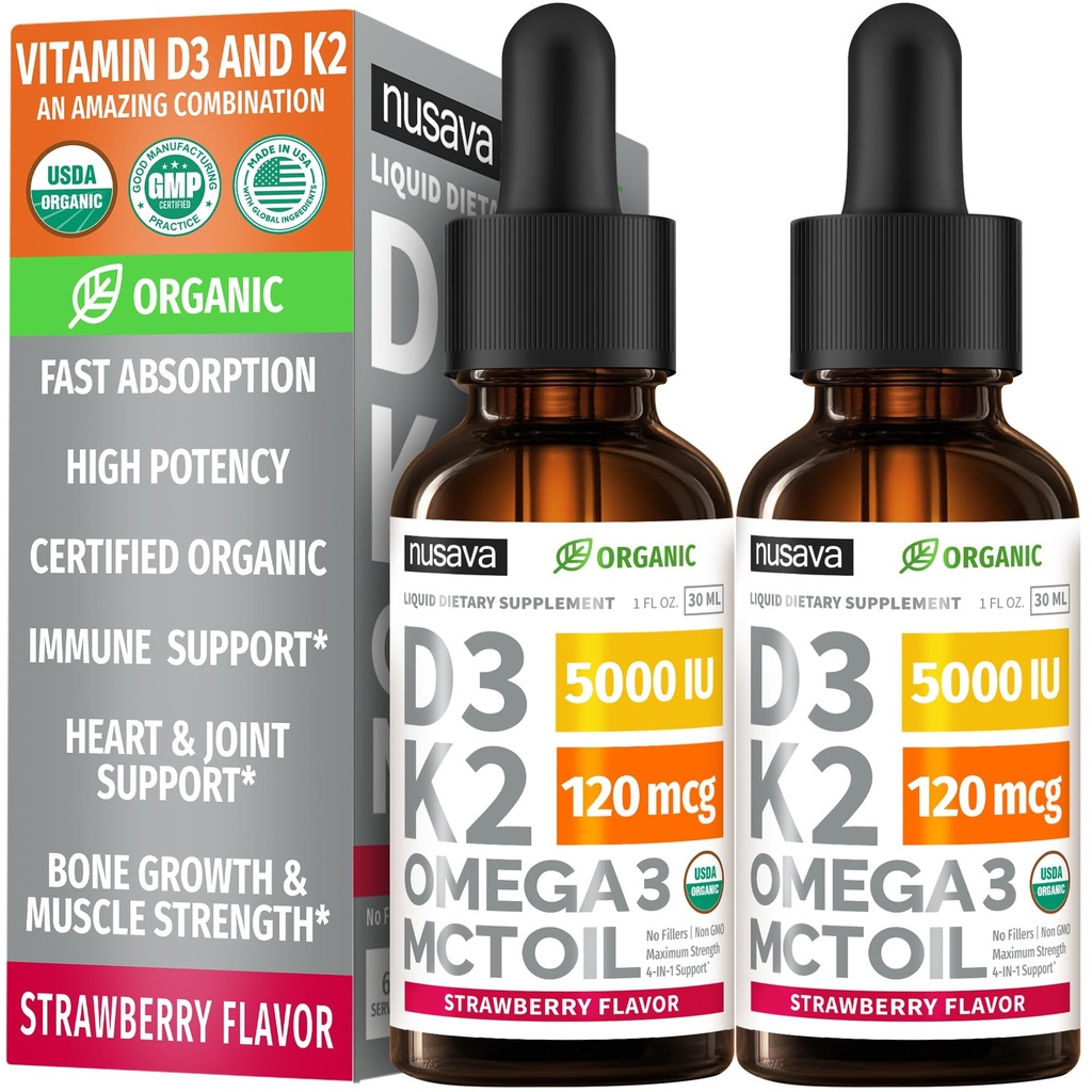 (2 Pack) Organik Vitamin D3 K2 Drops 5000 I with MCT Oil Omega 3 - No Fillers, Non-GMO for Faster Abors, Immune Support (Strawberry, 2 Fl Oz)