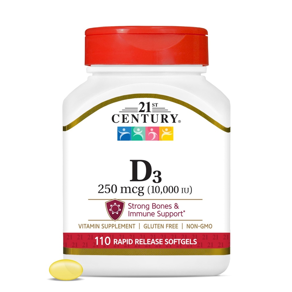 21. Yüzyıl Vitamin D3 250 mcg (10.000 IU) Hızlı Yayın Softgels, 110 Kont