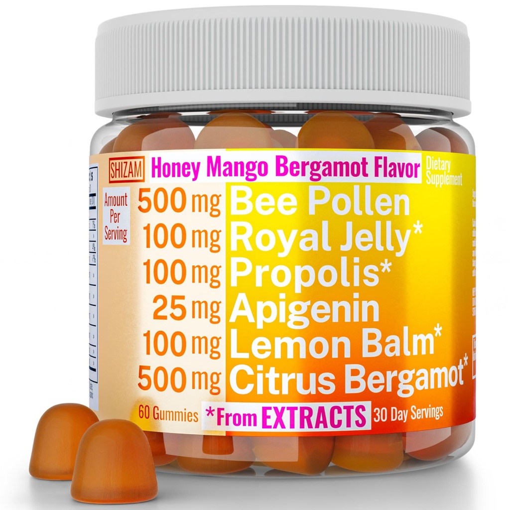 Arı Pollen Apigenin Citrus Bergamot Gummies w Organik Propolis Royal Jelly Honey Lemon Balm Ekstraksiyon, Erkekler Çocuklar için Tamam, Tincture Drops Toz Capsule Herb Capsules Supplements Alt, Pollan Polen