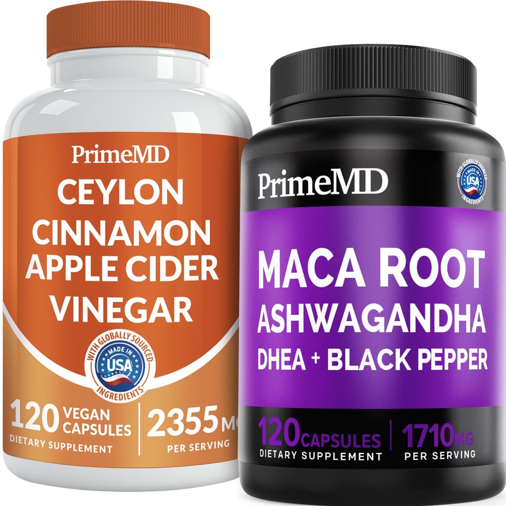 5-in-1 Ceylon Cinnamon w Apple Cider Vinegar, Turmeric, & Ginseng Root (120ct) & 6in-1 Maca Root Ashwagandha w DHEA & Black Pepper Meyve (120ct) - Ger, Mood, & Immune Support Supplement