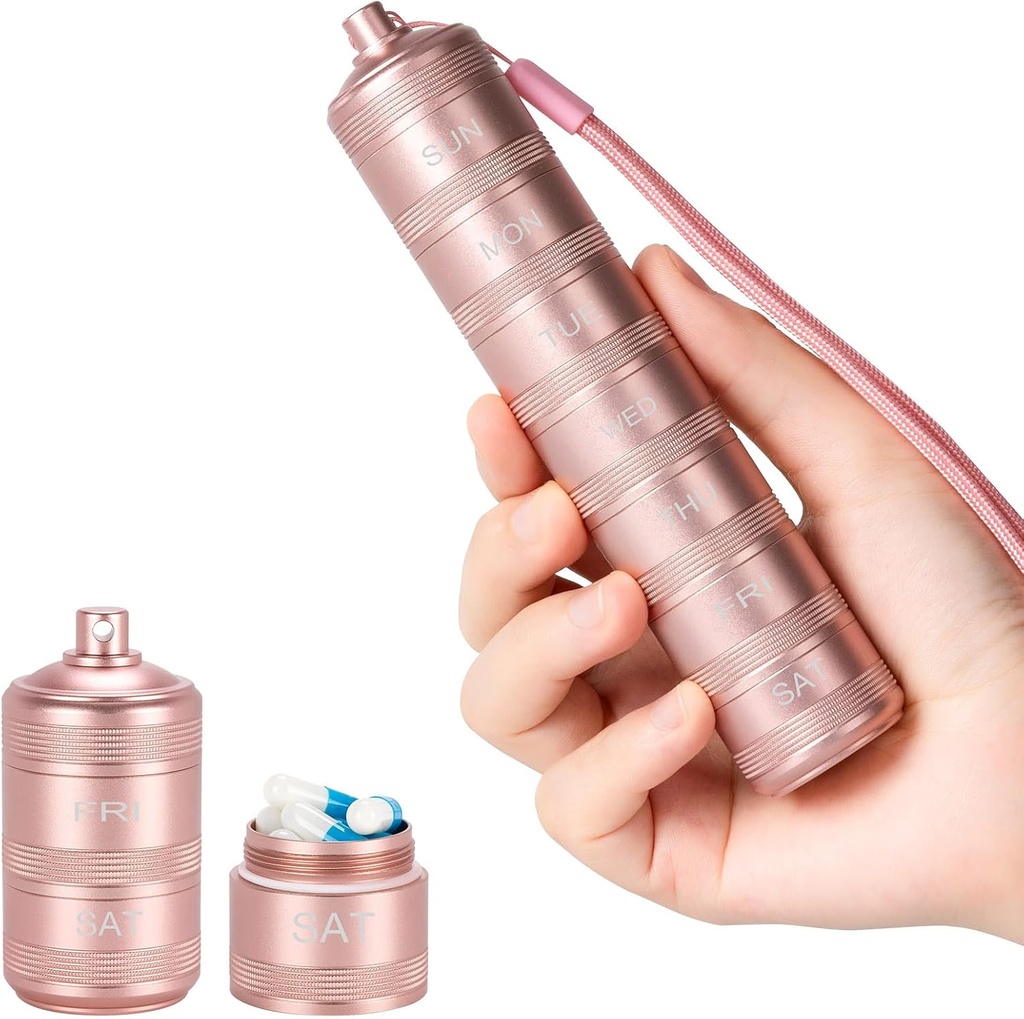 Portre Metal Pill Medicine Organizer - Sular Pill Case Compact Seyahat Pill Box Haftalık Alüminyum Alloy Konteyner, 7 Günlük Pill Küçük Piller için Organize Edildi, Pink S