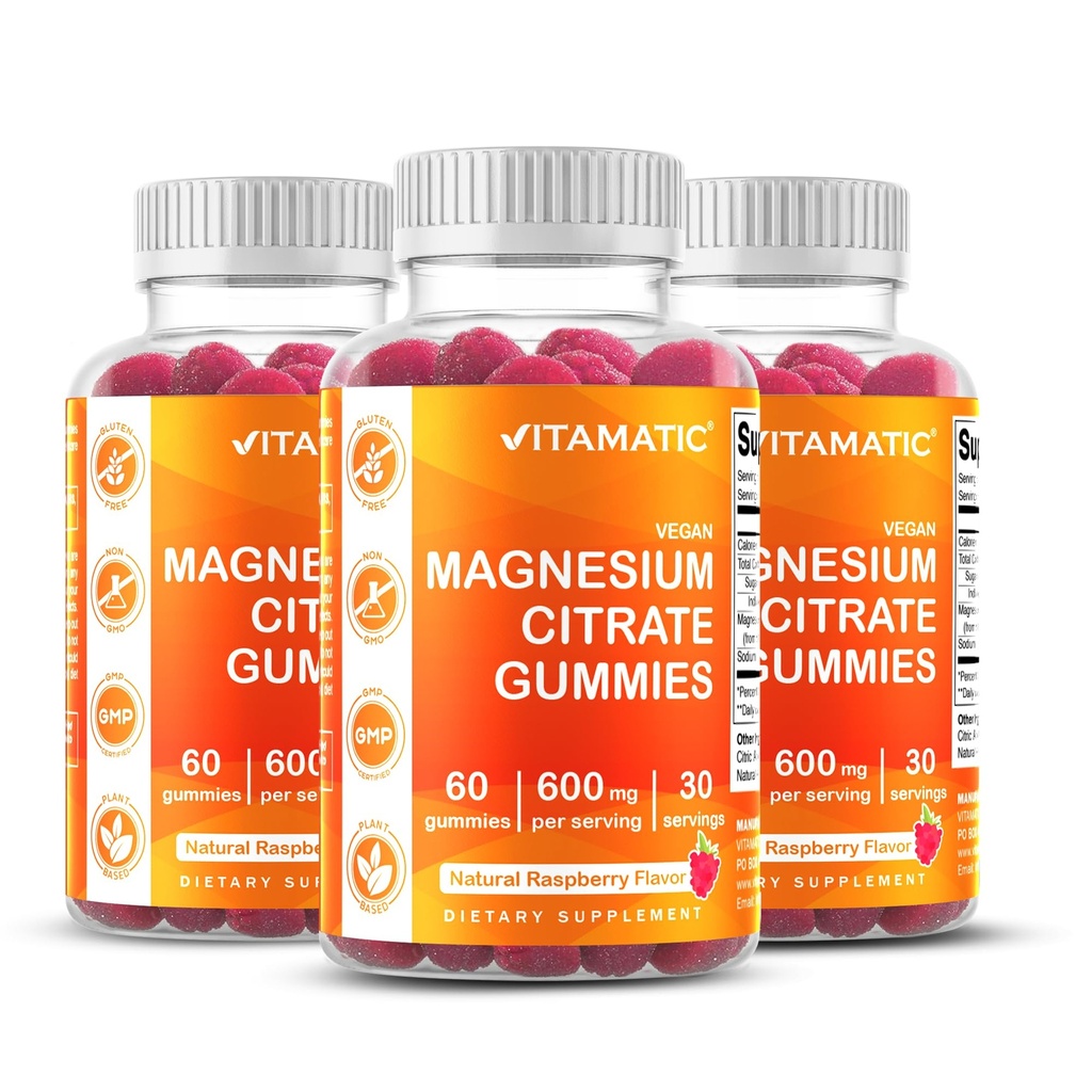 Vitamatic Magnezyum Gummies hizmet başına 600 mg - 60 Vegan Gummies - Rahatlama, Kas, Bone & Energy Support - 3 Pack