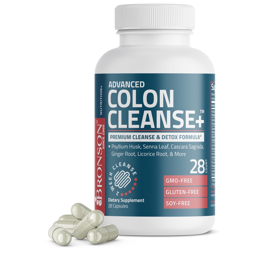 Bronson Advanced Colon Cleanse Premium 14 Day Cleanse & Detox Formula with Psyllium Husk, Senna Leaf, Cascara Sagrada, Ginger Root, Licorice Root & More, Non-GMO, 28 Capsules