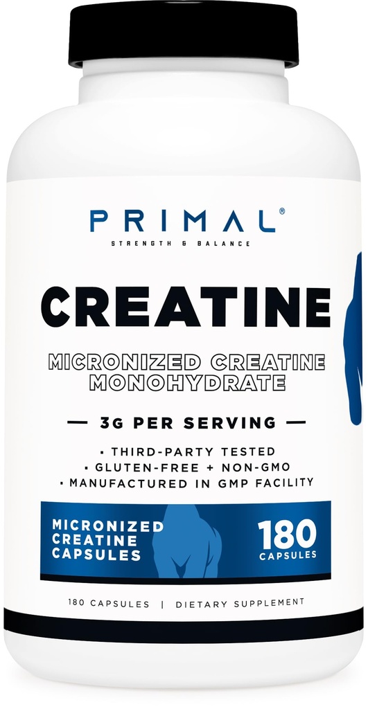 Primal Kretine Monohidrat (3,000 Mg, 180 Caps) - Mikronizedilmiş Kreat Krep, Preworkout and Recovery - Gluten-Free, Non-GMO