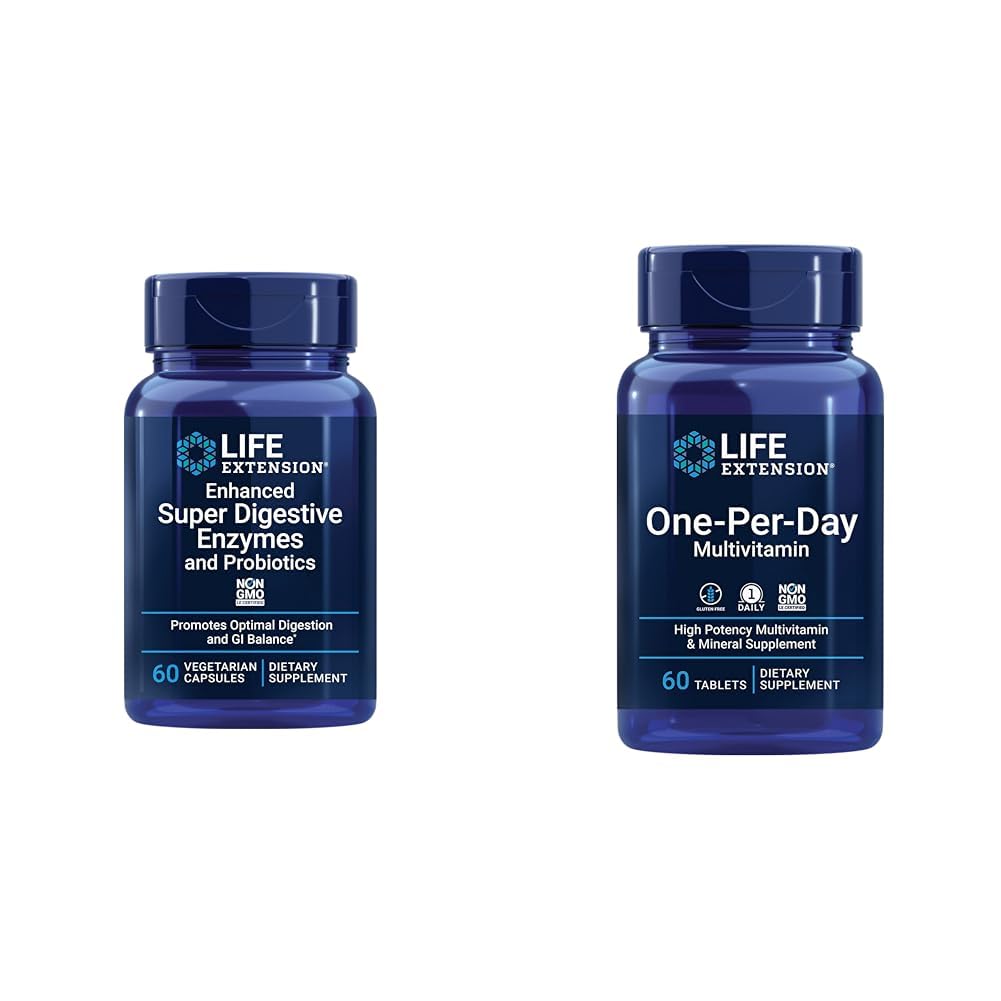 Life Extension Geliştirilmiş Super Digestive Enzymes & Probiyotiks 60 Vegetarian Capsules ve One-Per-Day Multivitamin 60 Tabletler