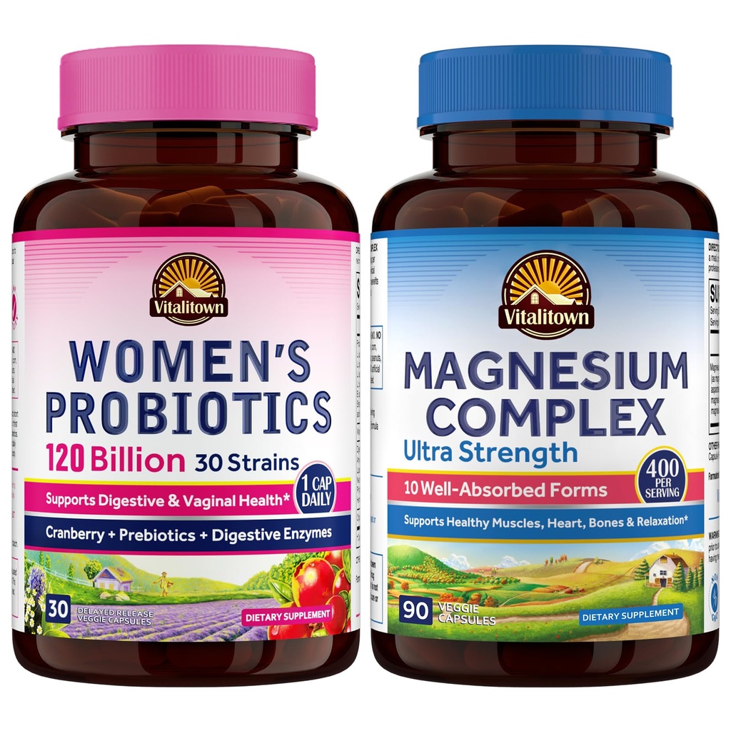 Vitalitown Magnezyum + Probiyotik Sche (Pack of 2) | 10in-1 Magnezyum & Women's Probiyotiks 120 Milyar CFUs | 90 Magnezyum Caps & 30 Probiyotik Caps