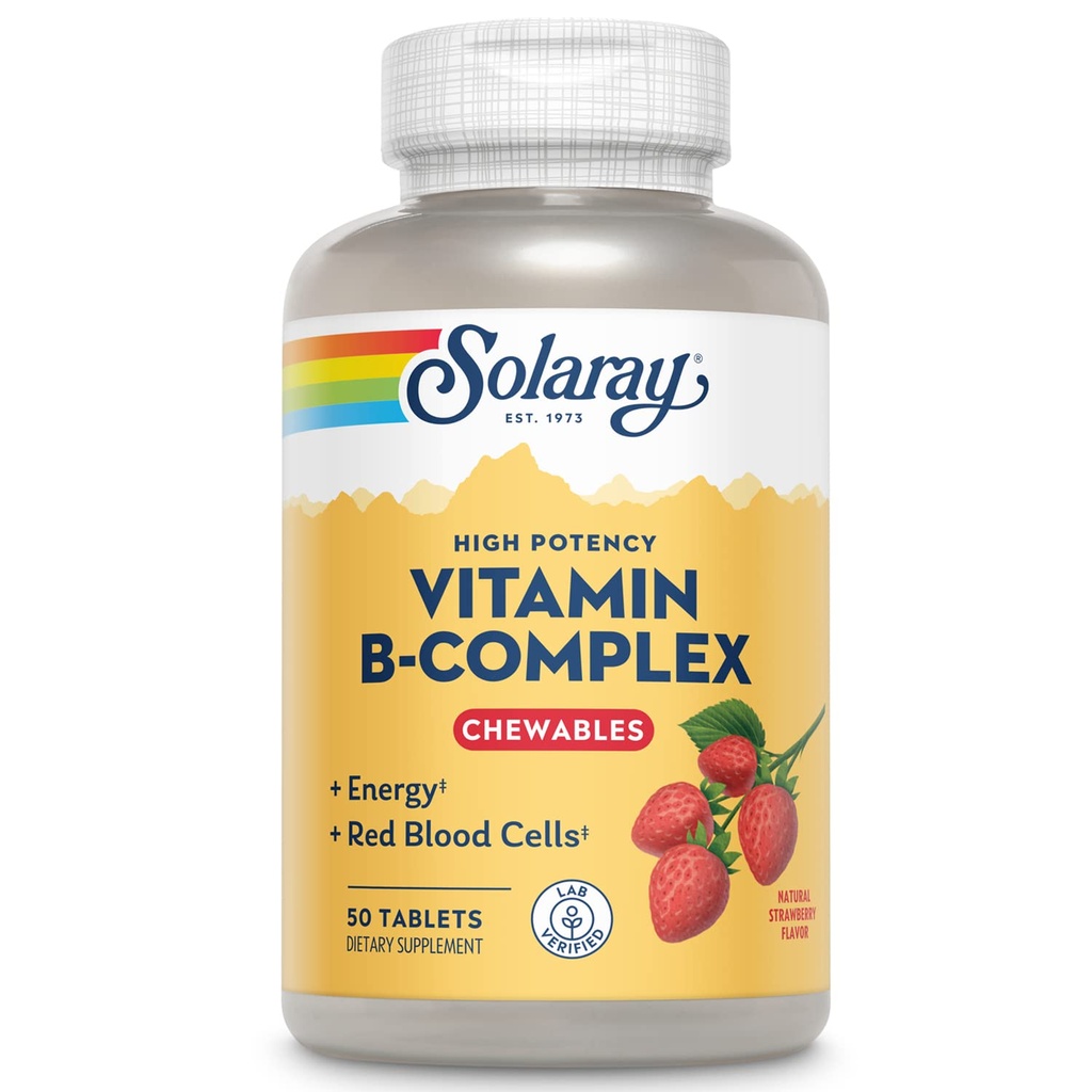 SOLARAY Vitamin B-Complex Chewables, Strawberry, Sağlıklı Enerji, Kırmızı Kan Hücresi, Stres ve Metabolism Desteği, 50 Tablet