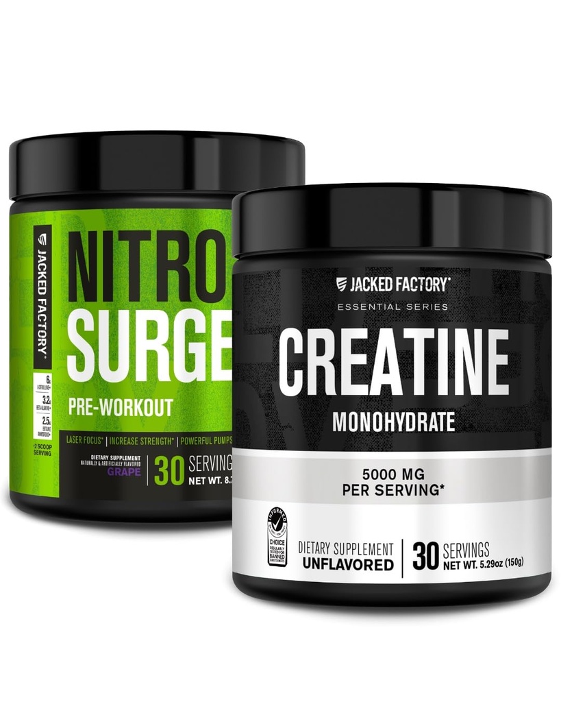 Jacked Factory NITROSURGE Pre Workout Supplement (Grape, 30 Hizmet) & Kretine Monohidrat Toz (Unflavored, 30 Hizmet)