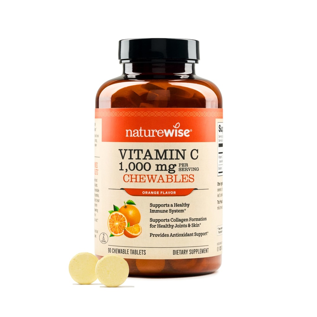 NatureWise Extra Strength Vitamin C Chewable 1000 mg for Yetişkinler - Natural Orange Flavor - Immune System & Antioxy Support - Non-GMO, Vegan & Sugar Free - 90 Chewable Tabletler[45-Day Supply]