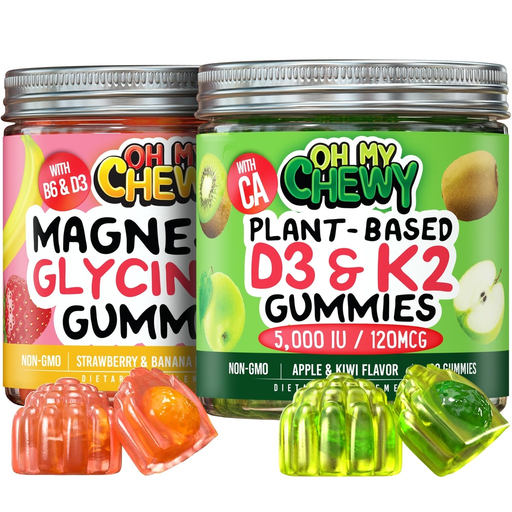 OH MY CHEWY Magnezyum + D3K2 Gummies Sche - 2 Şişe (60 Her) – Strawberry Banana & Apple Kiwiwiwiberry