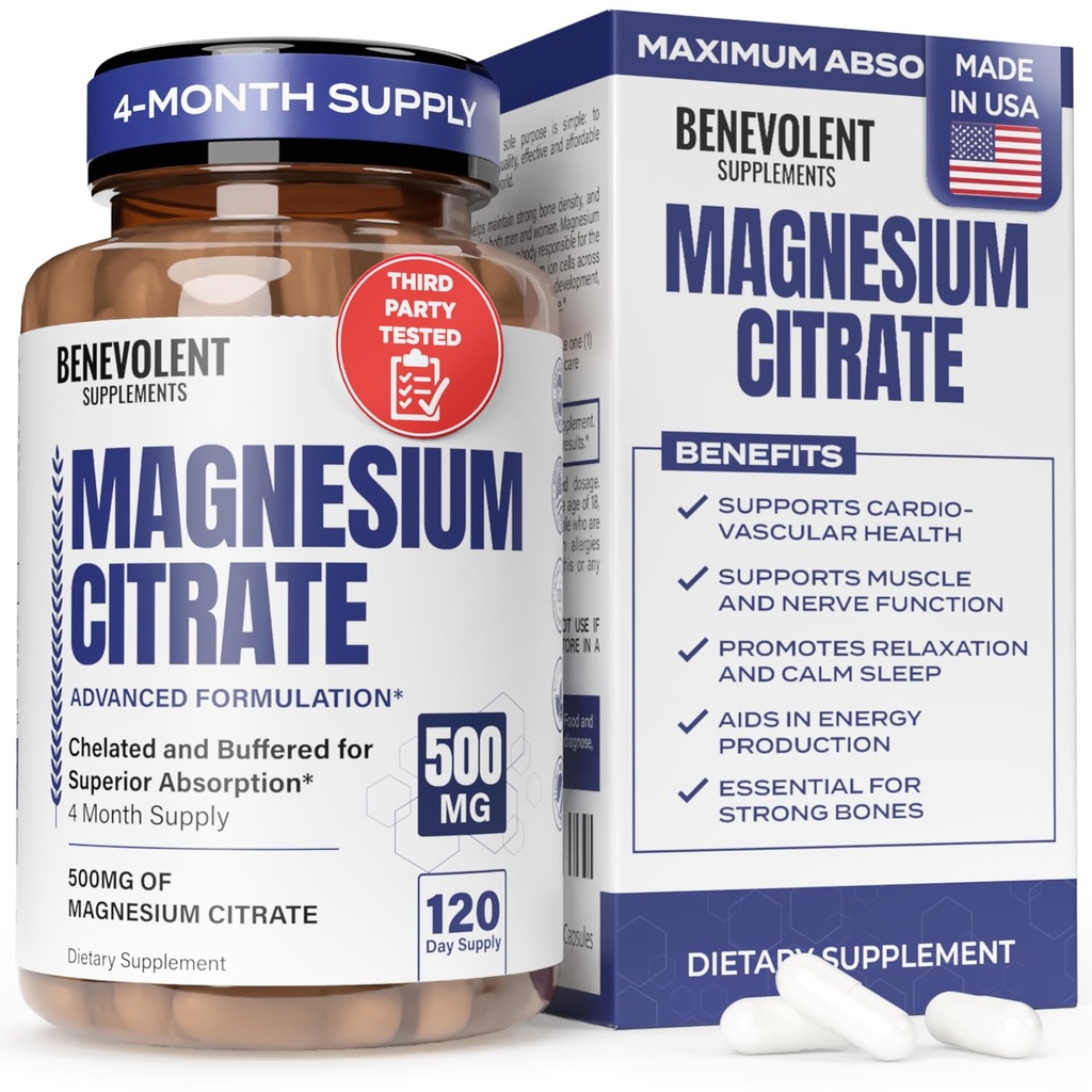Premium Magnezyum Citrate 500 mg Capsules (Citrato de Magnesio) Yüksek Abpsiyon Formula Chelated Buffered Citrate to Support Digestion, Bone, Sleep & Muscle Health - 120 Capsules