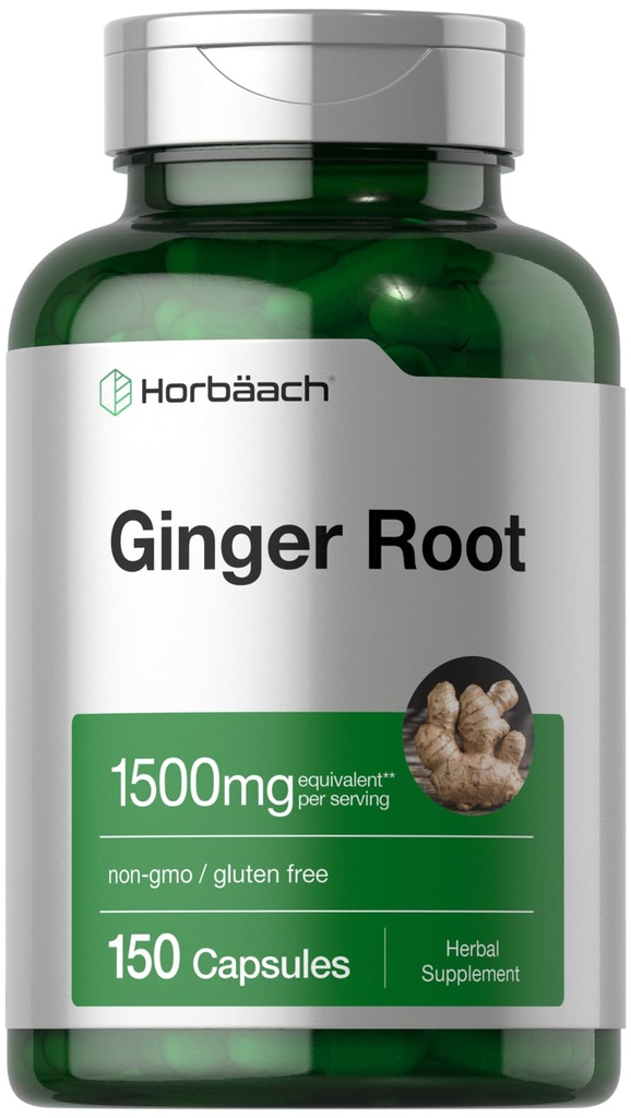 Horbäach Ginger Root Capsules 1500 mg | 150 Pills | Non-GMO, Gluten Free | Ginger Root