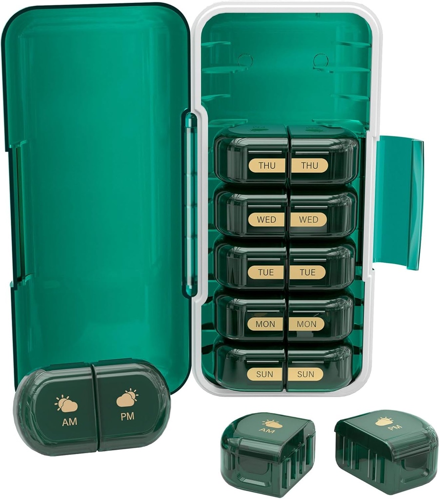Haftalık Pill Organizer 2 Times a Day, Moisture-Proof, Detachable Karşılaştırmalar, AM PM Pill Box 2X 7 Gün, Seyahat Pill Organizer for Pills/Fish Oil/Medication /Vitamin/Supplements (Dark Green)