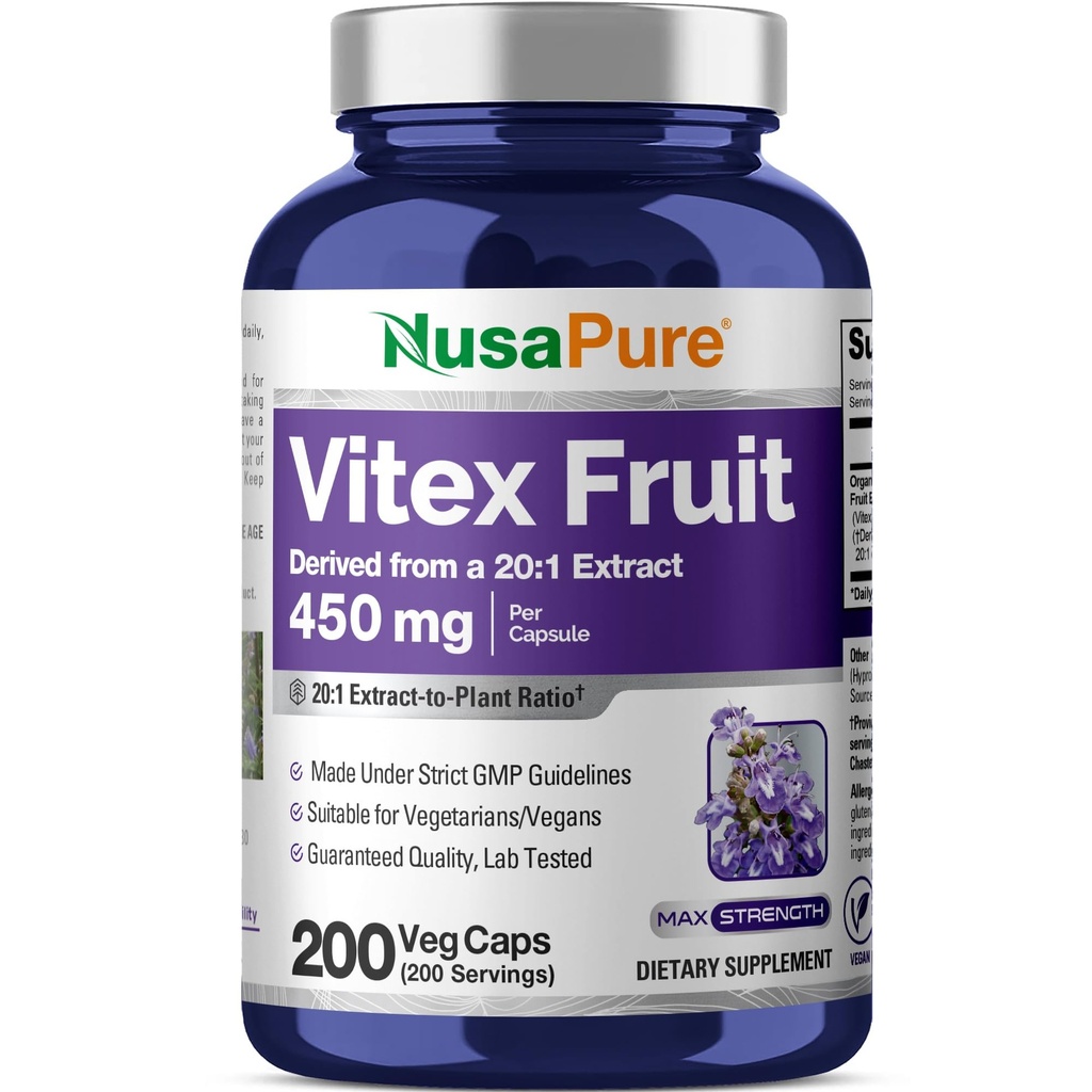 NusaPure Vitex Chasteberry Fruit 20:1 Ekstraksiyon, 450 mg 9,000 mg 200 Vegan Capsules - Non-GMO, Vegan Diyetsel Supplement