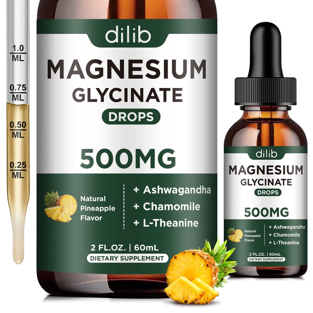 Magnezyum Glycinate 500 mg - Liquid Drops, Ashwagandha, L - Theanine, Chamomile - Calm & Stress Relief, Relaxation, Restful Sleep, Muscle Heart Health, Vegan 2 Fl Oz (30 Gün)
