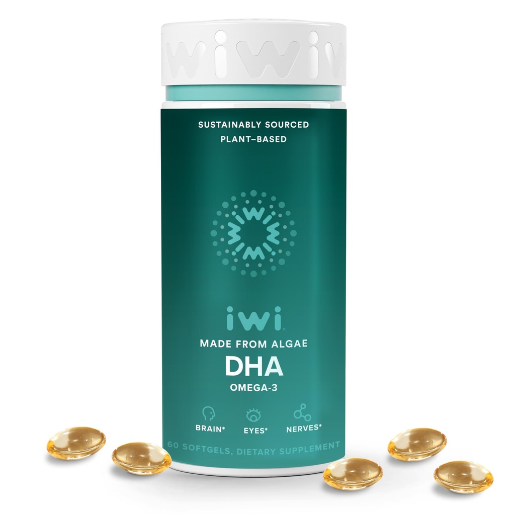 Iwi DHA Omega-3, 60 Softgels (30 hizmet), Plant-Based Algae Omega 3, Beyin, Gözler ve Nervous System Support Diyetary Supplement, Krill & Fish Oil Alternative, No Fishy Aftertaste