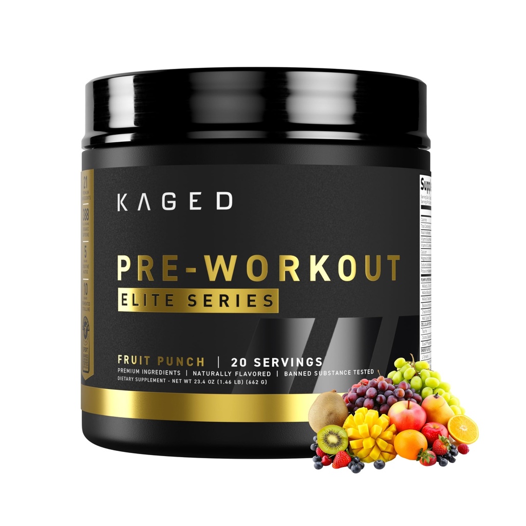 Kaged Pre Workout Elite Toz | Fruit Punch | Pre-Workout with Tinatine, Beta Alanine, L-Citrulline, BCAAs | 388 mg Organic Caffeine | Pre Supplements for Men & Women | 20 Servisler