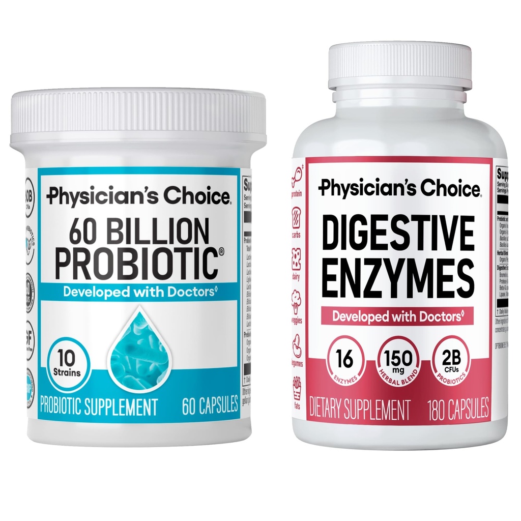 Physician's CHOICE - Optimal Gut Health Bundle: 60 Billion Probiotic 60ct + Digestive Enzyme 180ct for Digestive Comfort and Immune Support - Value Bundle