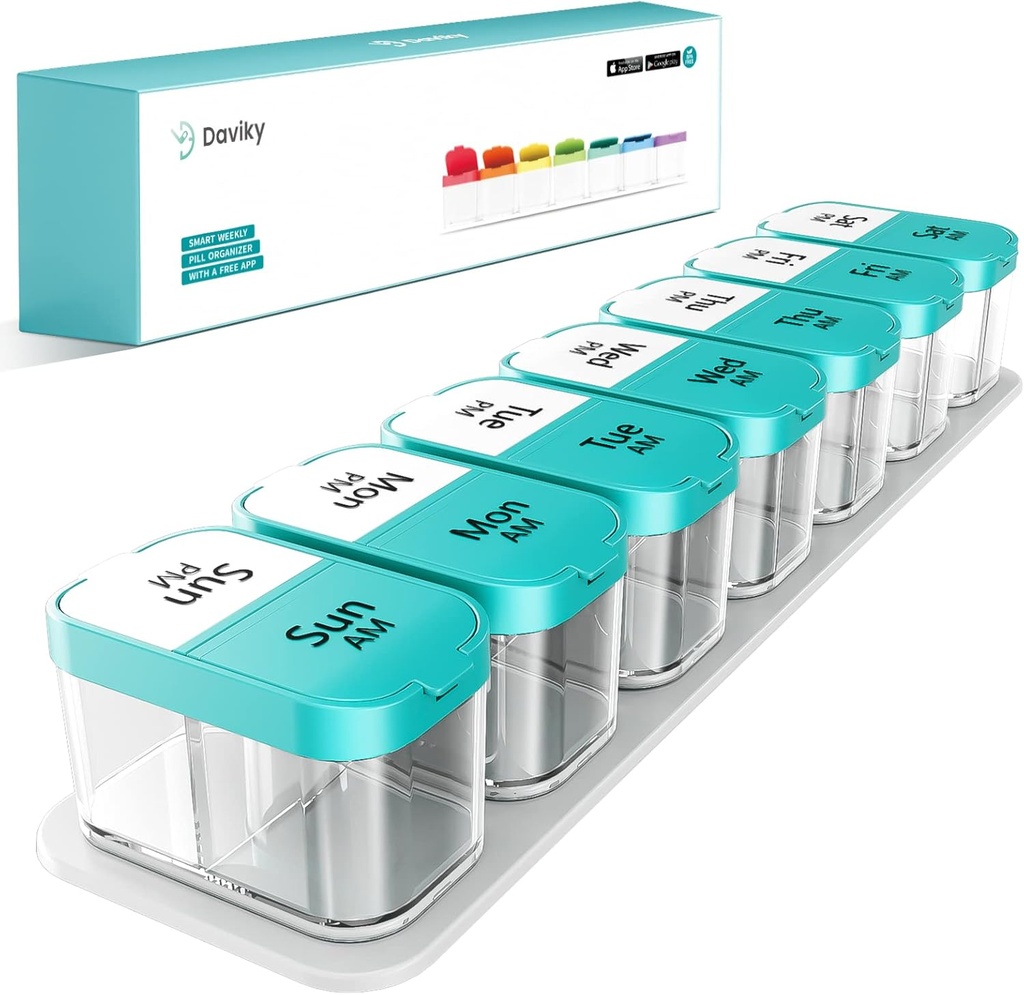 Daviky Large Weekly AM PM Pill Organizer - 7 gün, 2 Times a Day with Extra Large Karşılaştırmalar for Vitamins, Medicine, Supplements (Cyan)