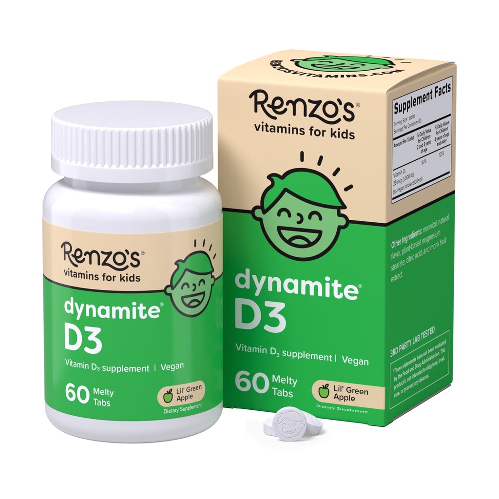 Renzo'nun Dynamite Vitamin D3, Çocuk Vitamin D3, 60 Sugar-Free Melty Tabs, Lil' Green Apple Flavored