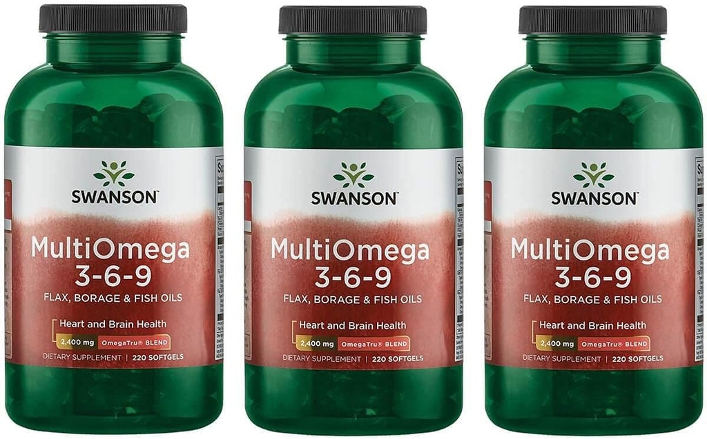 Swanson MultiOmega 3-6-9 - Non-GMO Flax Oil, Borage Oil, '&' Fish Oil Capsules - Essential Fatty Acids Supporting Cardiovascular Health '&' Brain Health - (220 Softgels, 2400 mg Service) 3 Şişeler