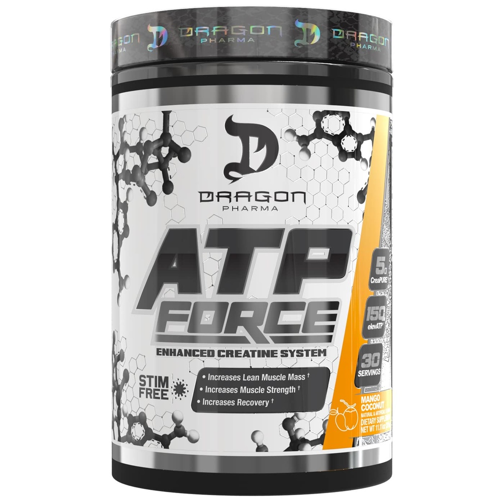 DRAGON PHARMA ATP Force Tinadtine System, Stim-Free, Lean Muscle Mass & Recovery, 5 Grams of TinaPure, improves Blood Flow (30 Servisler, Mango Coconut)