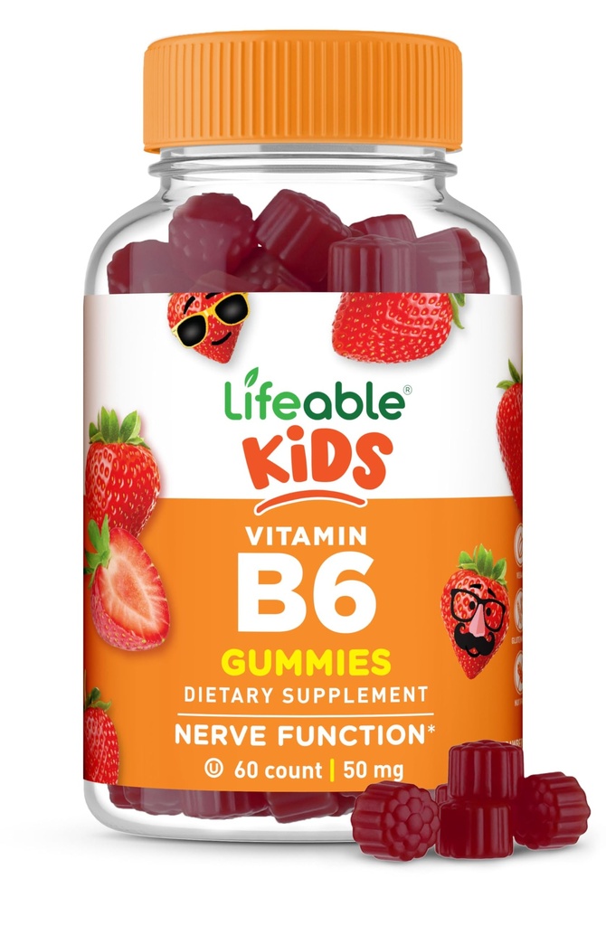 Çocuklar için Yaşama Uygun Vitamin B6 Gummies | Great Tasting B6 Vitamins 50mg | Vegan Non-GMO Gluten Free | for Nerve Function Support | 60 Gummies