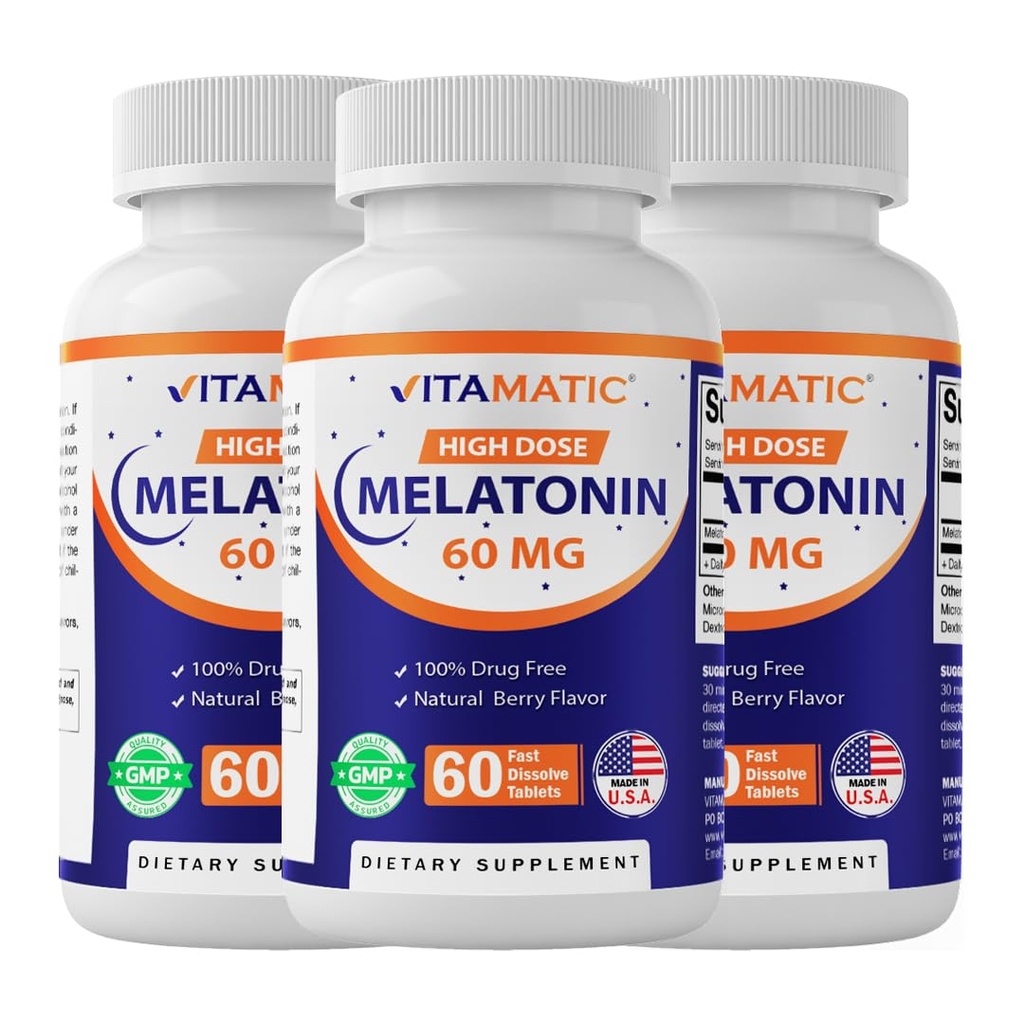 Vitamatic Melatonin 60 mg Hızlı Dissolve Tabletleri - 60 Vegan Natural Berry Flavor Tabletleri - Non-GMO, Gluten Free (3 Şişeler)