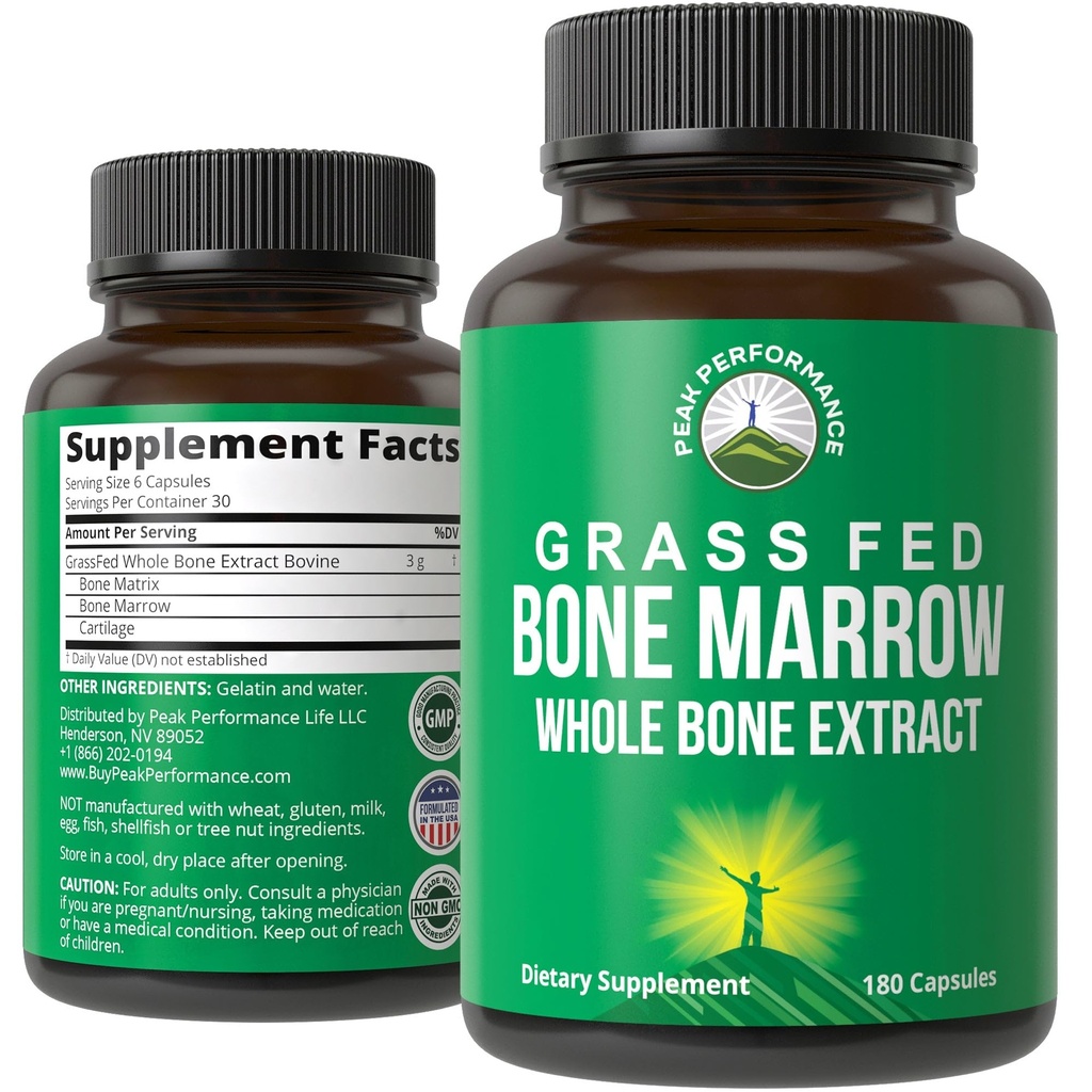 Peak Performance Grass Fed Bone Marrow - Tüm Bone Extract Supplement 180 Capsules Superfood Pills Rich in Collagen, Vitaminler ve Platinum Asits. from Bone Matrix, Marrow, Cartilage. Ancestral Tabletler