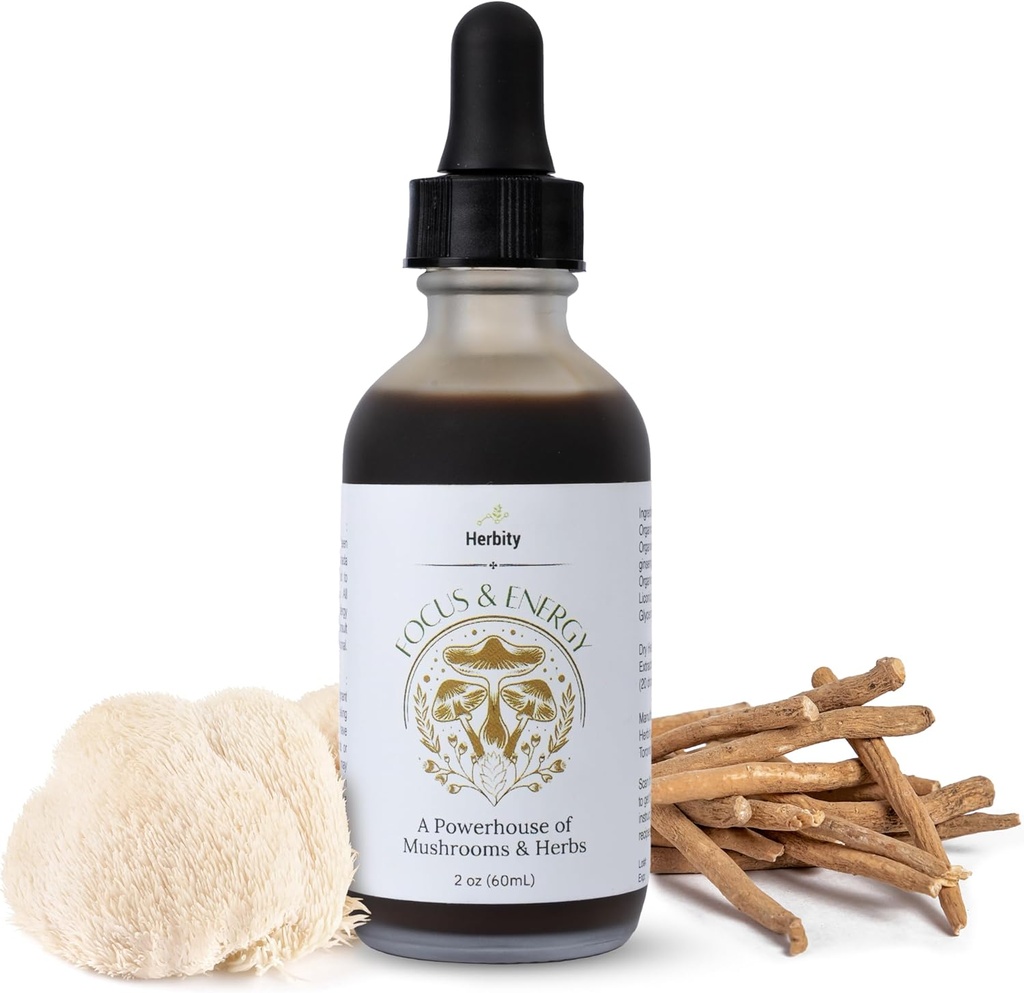 Focus & Energy Natural Mushroom Tincture - Adaptojenik Mushroom Drops & Organik Benzersiz Özel Mix - Immune Boost, Balance, Calm, Bilişsel Destek ve Stres (2oz)