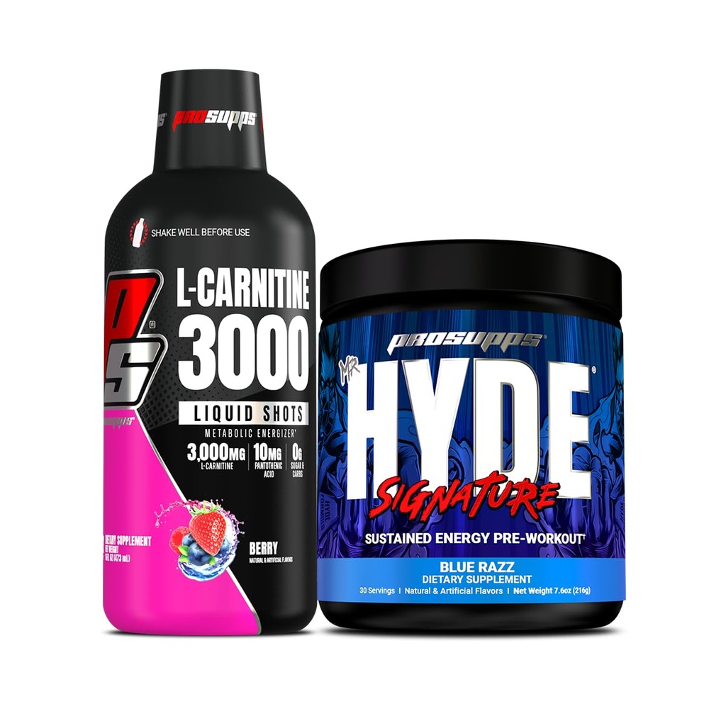 PROSUPPS L-Carnitine 3000 Stimulant Ücretsiz Sıvı Shots (31 Hizmet, Berry) ve Bay Hyde Signature Series Pre-Workout Energy Tozed Drink (30 hizmet, Blue Razz) Schez