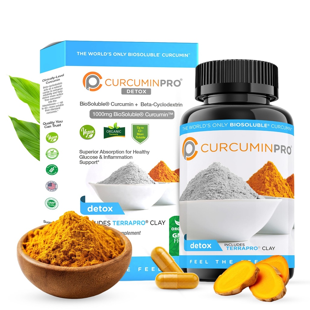 curcuminpro Detox Capsules | Organik Turmeric Supplement with Bioplastik BCD & Natural Bentonite Clay | High Abors Vegan Curcumin Mix for Gut and Heart Wellness | 60 Count