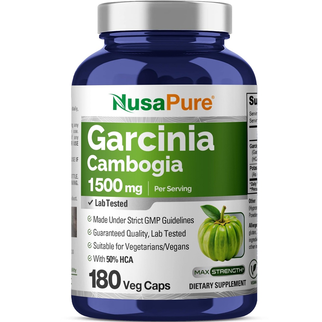 NusaPure Garcinia Cambogia 180 Veggie Capsules 1500 mg (Vegetarian, Non-GMO, Vegan)
