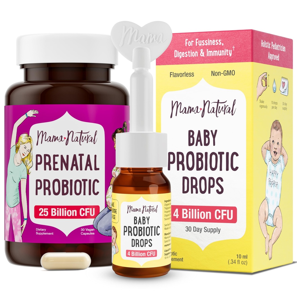 Mama Natural Prenatal Probiyotik & Baby Probiyotik Drops Sche – Gut, Vaginal & Immune Support for Mom + Digestive Comfort for Baby with Infant Probiyotiks – Sche & Save