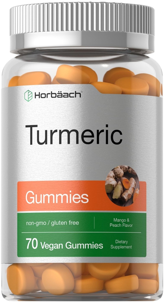 Horbäach Turmeric Gummies | 70 Kont | Mango & Peach Flavor | Turmeric Curcumin with Ginger | Vegan Non-GMO & Gluten Free Supplement Supplement