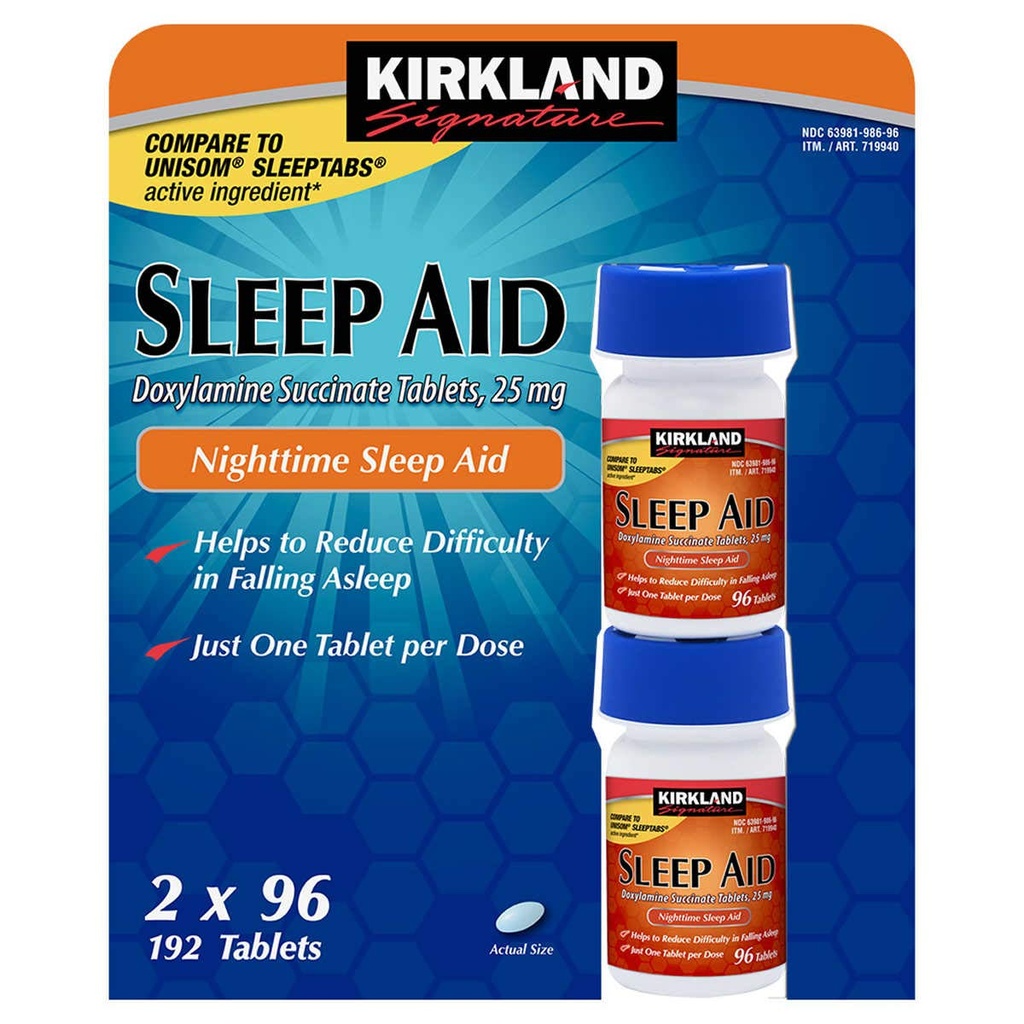 Cos7 Kirkland Signature Doxylamine Succinate Tabletler ,25 mg Nighttime Sleep AID - 2 X 96 Tabletler (192 Tabletler Toplam)
