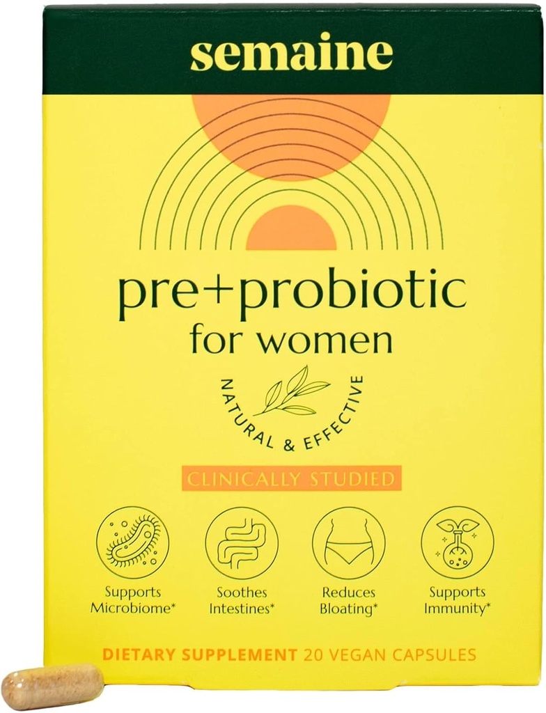 Semaine Super Support Prebiyotik + Probiyotik for Women, effective 3-in-1 Multi-Action Formula to Nourish Gut Health, Soothe IBS, Support Bloat Relief & Immunity Boost, Klinik olarak-Studied (20 ct)
