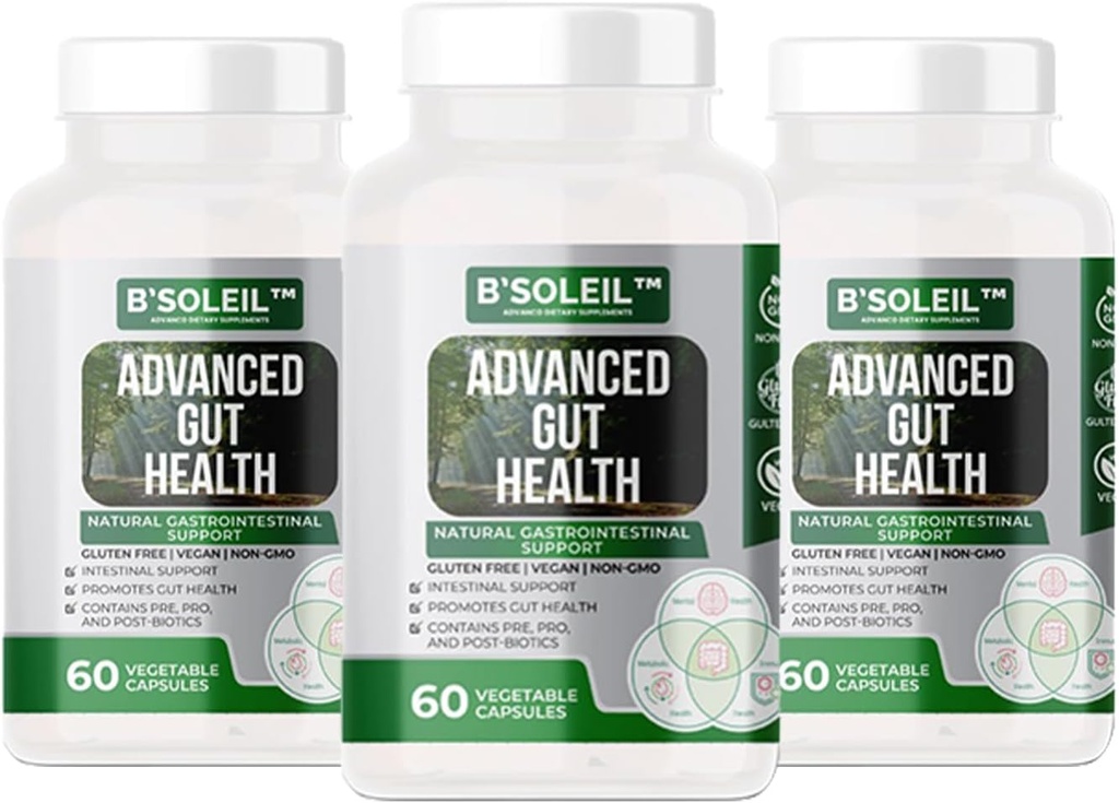 B'SoleilTM 3 Gelişmiş Gut Health Probiyotiks - Pre, Pro & Post Biotics - Natural Gastrointestinal Support - Gluten Free, Vegan & Non-GMO - 25 Milyar CFU - 60 Capsules in each Pack