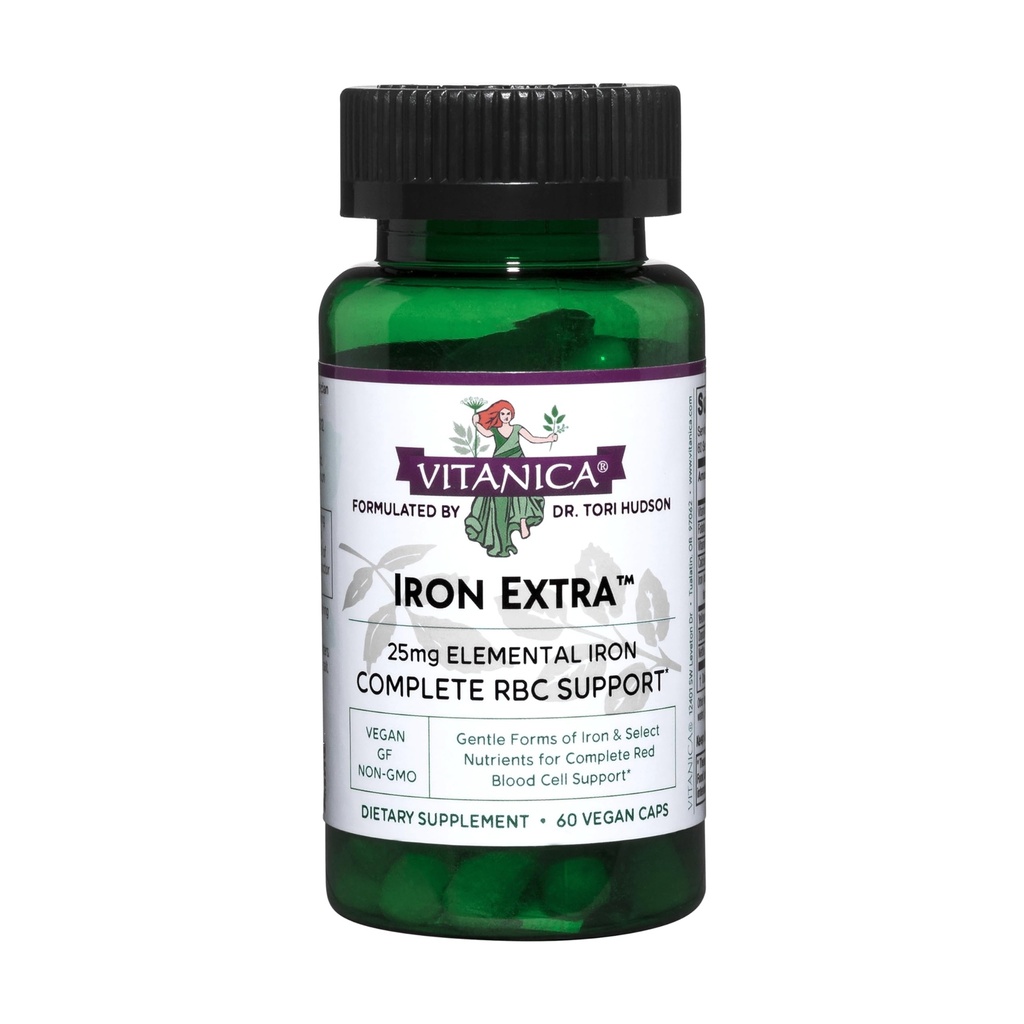 Vitanica Iron Ekstra, Iron Supplement Vitamin C 500 mg, Metilfolate 400 Telefon, B12 Vitamin 500, Kalsiyum, Sarı Dock, Dandelion Root & Nettle Leaf, Vegan, 60 Capsules