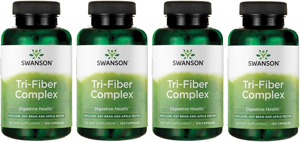 Swanson Tri-Fiber Kompleksi - Digestive Health Supplement Psyllium, Oat Bran, & Apple Pectin - (100 Capsules) (4 Pack)