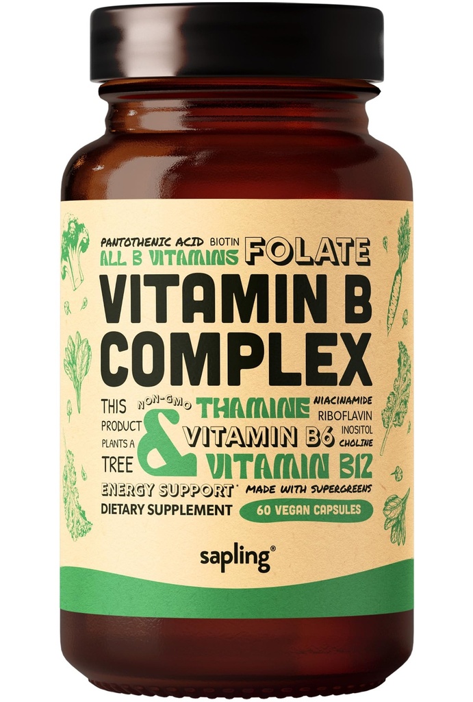 Vegan Vitamin B Kompleksi - Essential B Vitamins B1, B2, B3, B5, B6, B7, Folate, B12-60 Caps