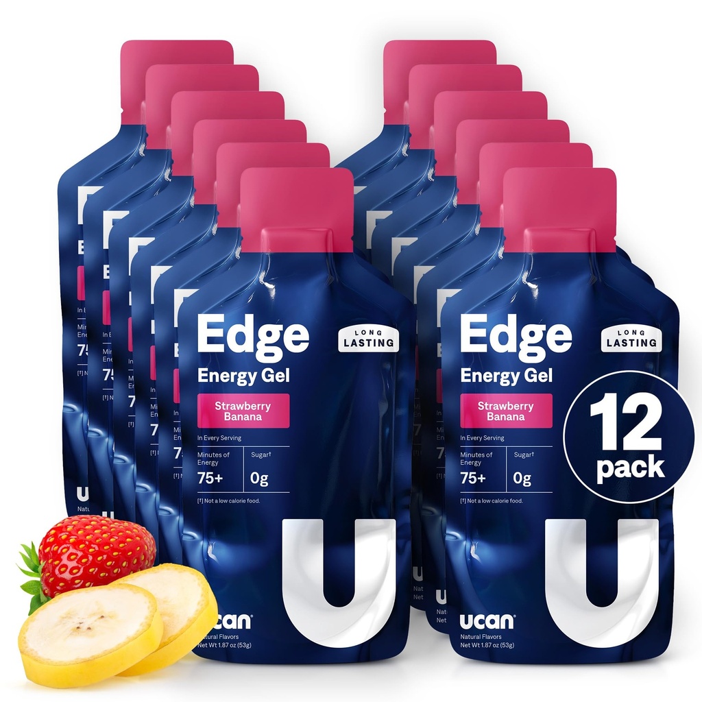 UCAN Edge Energy Gel Shots, Strawberry Banana (12, 2 Ounce Packets) for Running, Training, Workouts, Fitness, Cycling, Crossfit | Sugar-Free, Vegan, & Keto Friendly Energy