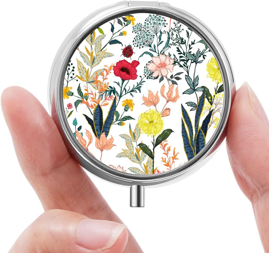 Mini Pill Box, Small Pill Box, Portable Pill Box, Cute Pill Organizer for Vitamins, Drugs, Fish Oil and Supplements (Beyaz Çiçekler)