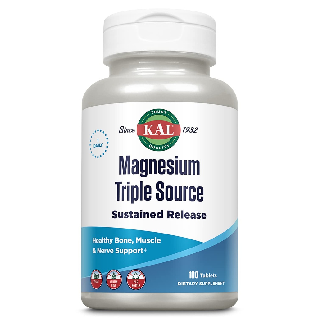 KAL Triple Source Magnezyum Kompleksi, Citrate, Malate, Oksit, Sustained Release, Bone, Muscle, Nerve Support, Vegan, Gluten Free, 60-Day Garanti, 100 Hizmet, 100 Tabs