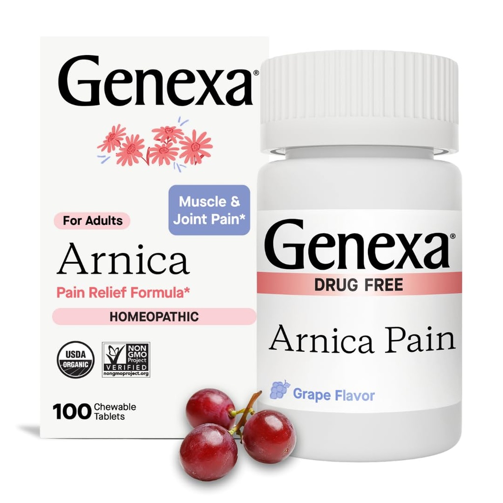 Genxa Arnica for Pain Relief | Alleviate Kas & Ortak Ağrı, Soreness & Stiffness | Bruises & Swelling | Organik Grape Flavor | Homeopathic Remedy Made Clean | 100 Chewable Tabletler