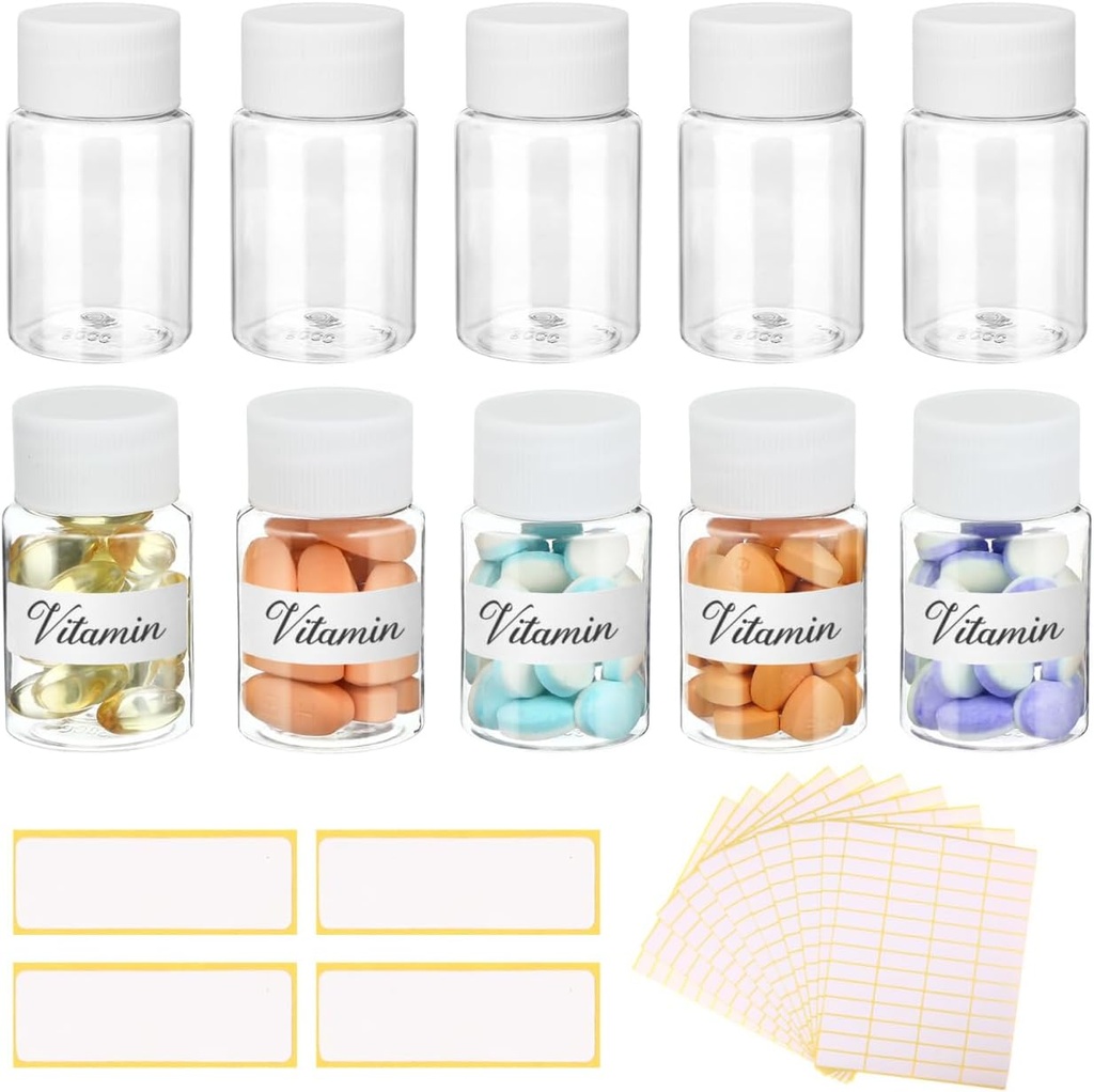 10Pcs Pill Şişeler Blank Etiketler ile Şişeler - 30 ml Tıp Konteynerleri ile Konteyner Caps- Plastik Boş Küçük Pill Konteyner Leak-Proof Clear Örnek Jar for Dispense for Liquid Solid Name