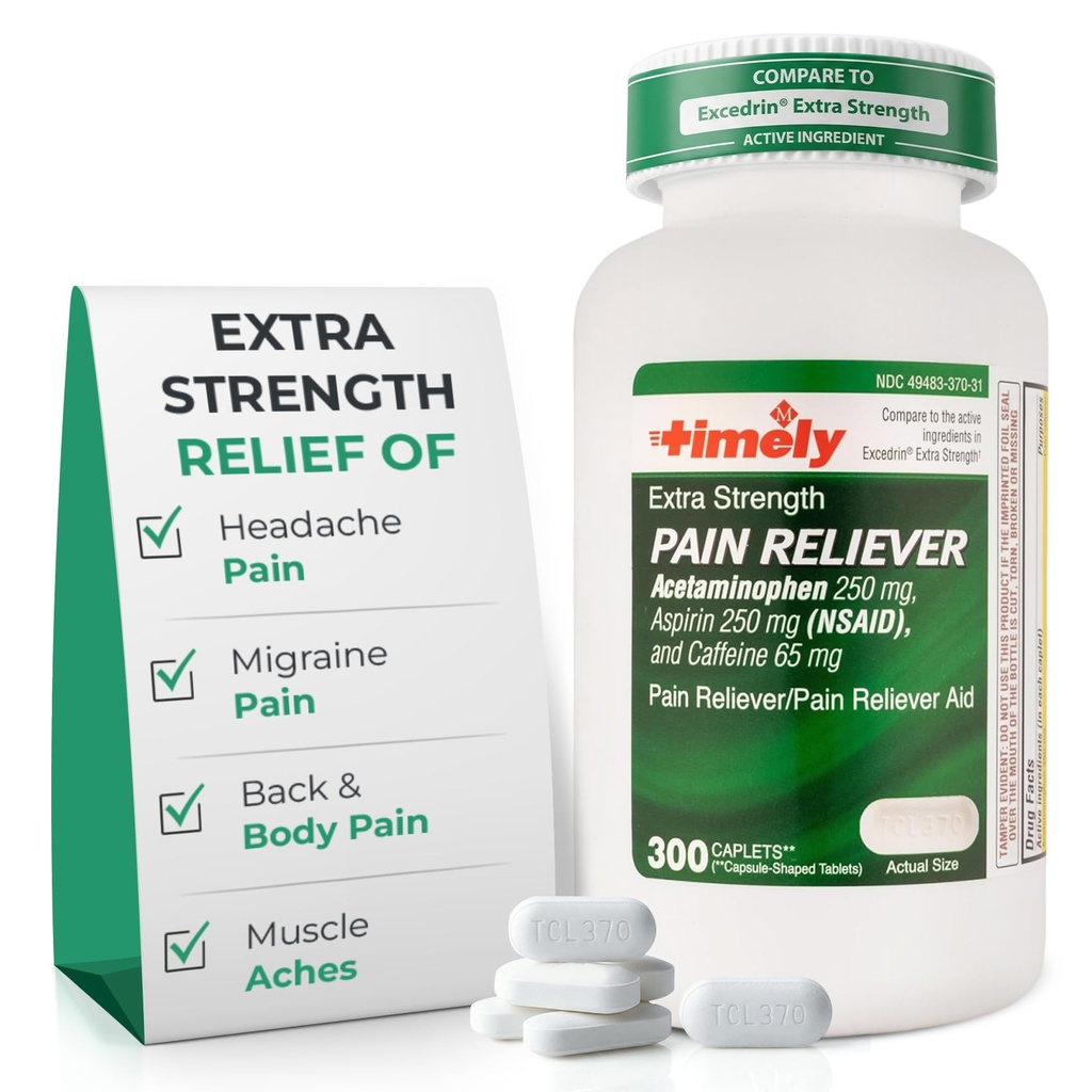 TIME-CAP LABS, INC. Timely Extra Strength Headache Relief - Acetaminophen with aspirin & Caffeine (300 Caplets) - Headache, Migraine & Back and Body Pain & Muscle Aches - Ekstra Kuvvet - ABD'de Yap