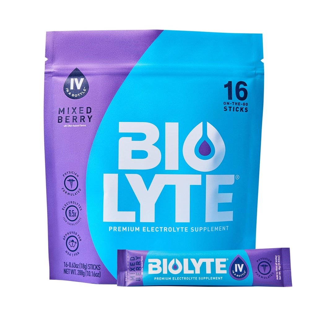 BIOLYTE IV Elektrolyte Toz Paketleri, IV Sıvı Su için Mix, Doktor-De Geliştirmek için, HSA Onaylı Dehidrasyon Yardımı, Chemoterapi Kadınlar ve Erkekler için Sahip olmalıdır - Karma Berry (16 Sticks)