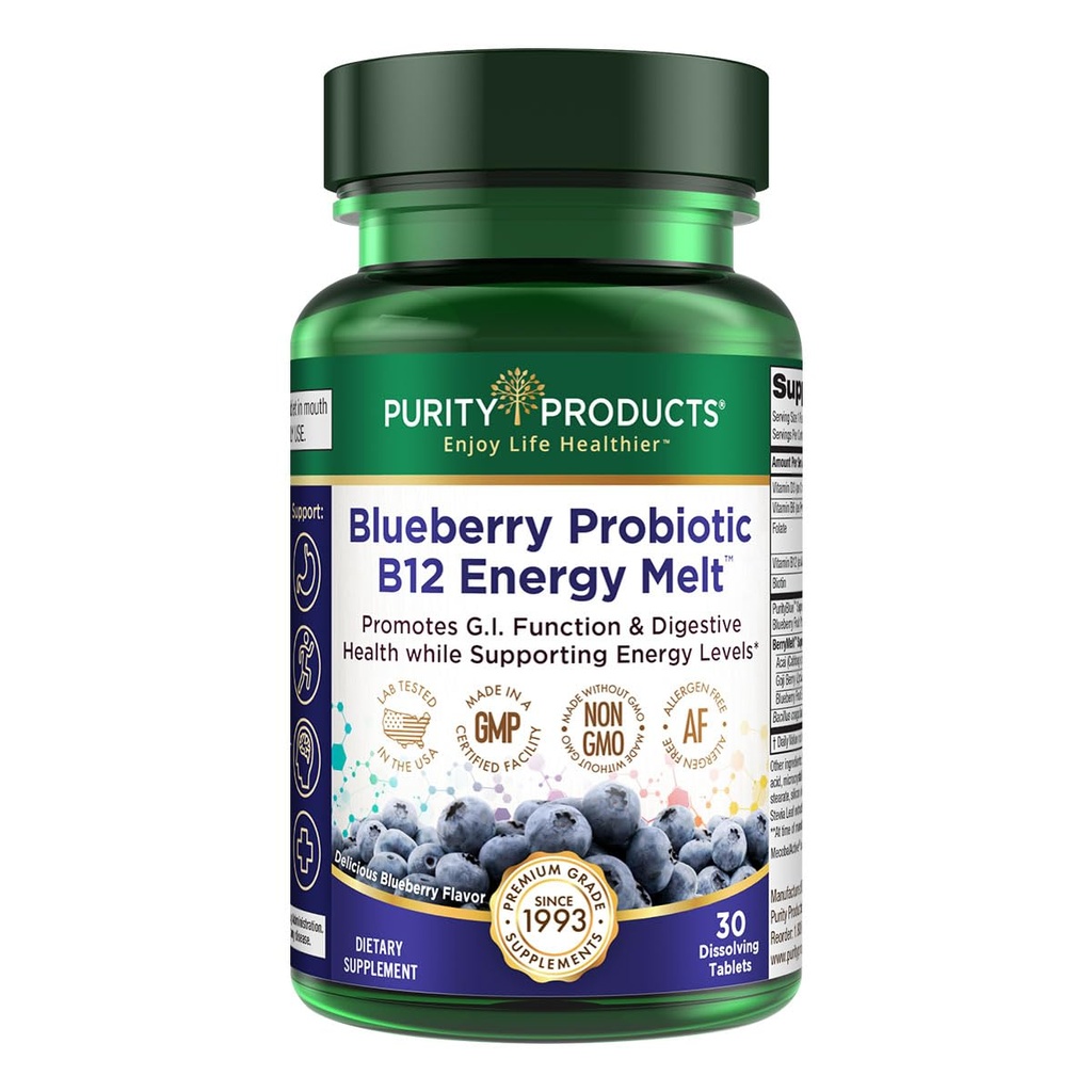 Saf Ürünler Blueberry Probiyotik B12 Enerji Melt Klinik Probiyotik - Organik Blueberries, Metrika B-12-30 Melts