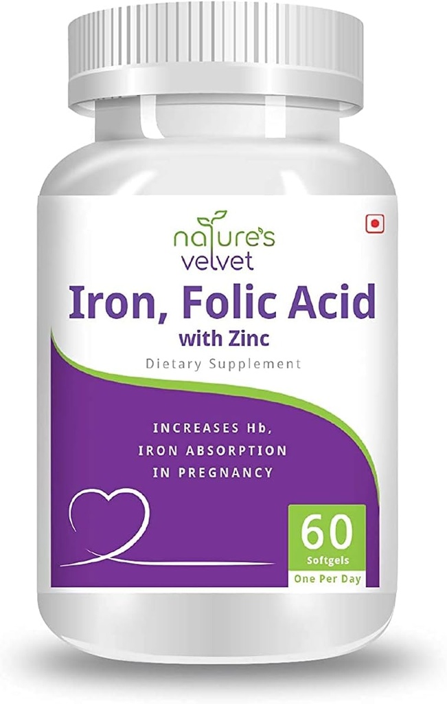 AZAZ Natures Velvet Lifecare Iron & Folic Acid with çinko, for Supplementation in Gebelik, 60 yumuşakgels - 1 Paket